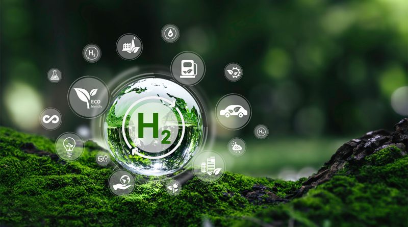 Futuristic image of the Hydrogen symbol in a forest to support green hydrogen article