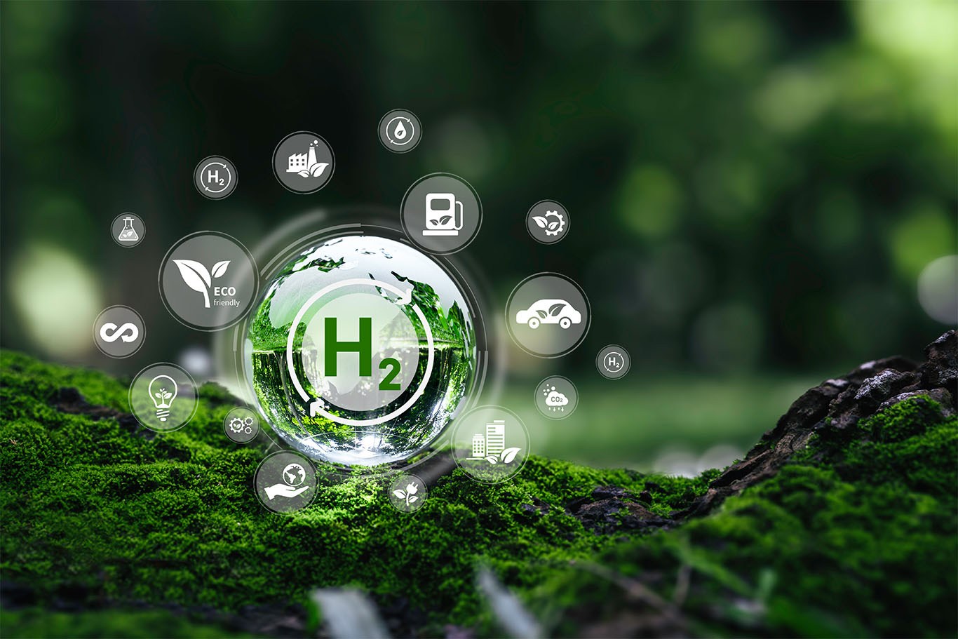 Futuristic image of the Hydrogen symbol in a forest to support green hydrogen article