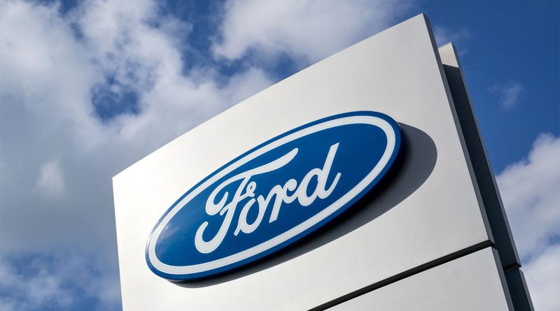 Image of the Ford logo on a sign to support auto workers union strike