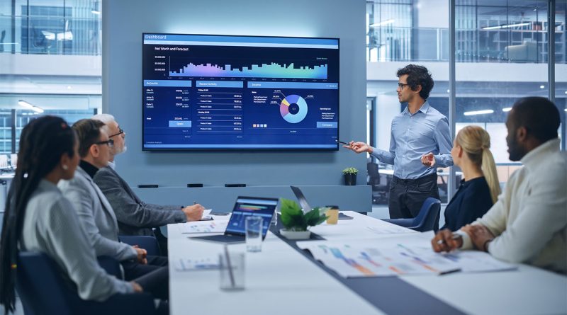 Image of a group of professionals gathered round a desk and large monitor screen showing various data points to support business data analysis article