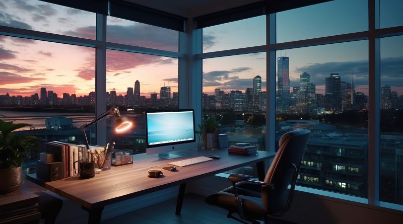 Image of a desk facing out a window showing the views from a high rise skyscraper to support intelity article