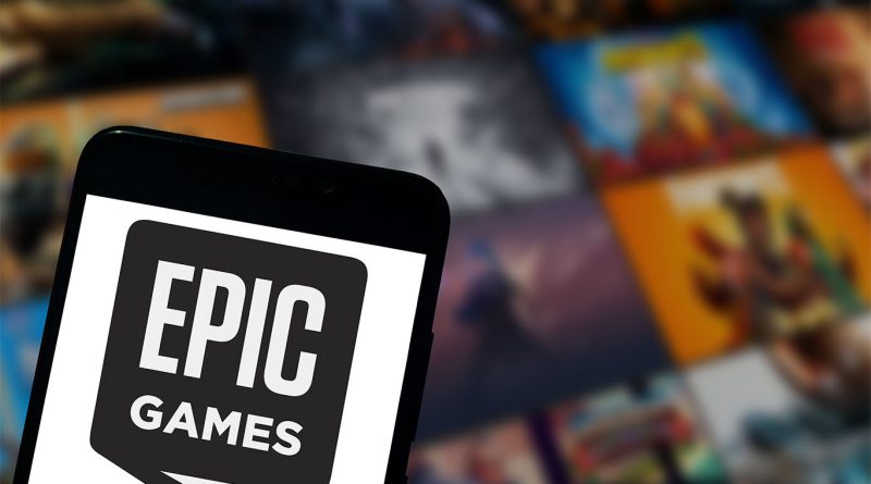 Image of a mobile phone with the Epic Games logo displayed on the screen, with a background filled with images of Fortnite characters to support epic games settlement article