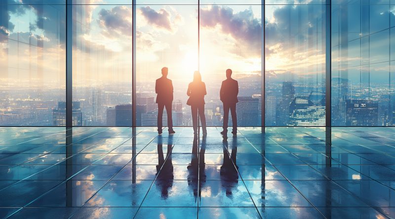 Three people entrepreneurs standing in a modern office setting