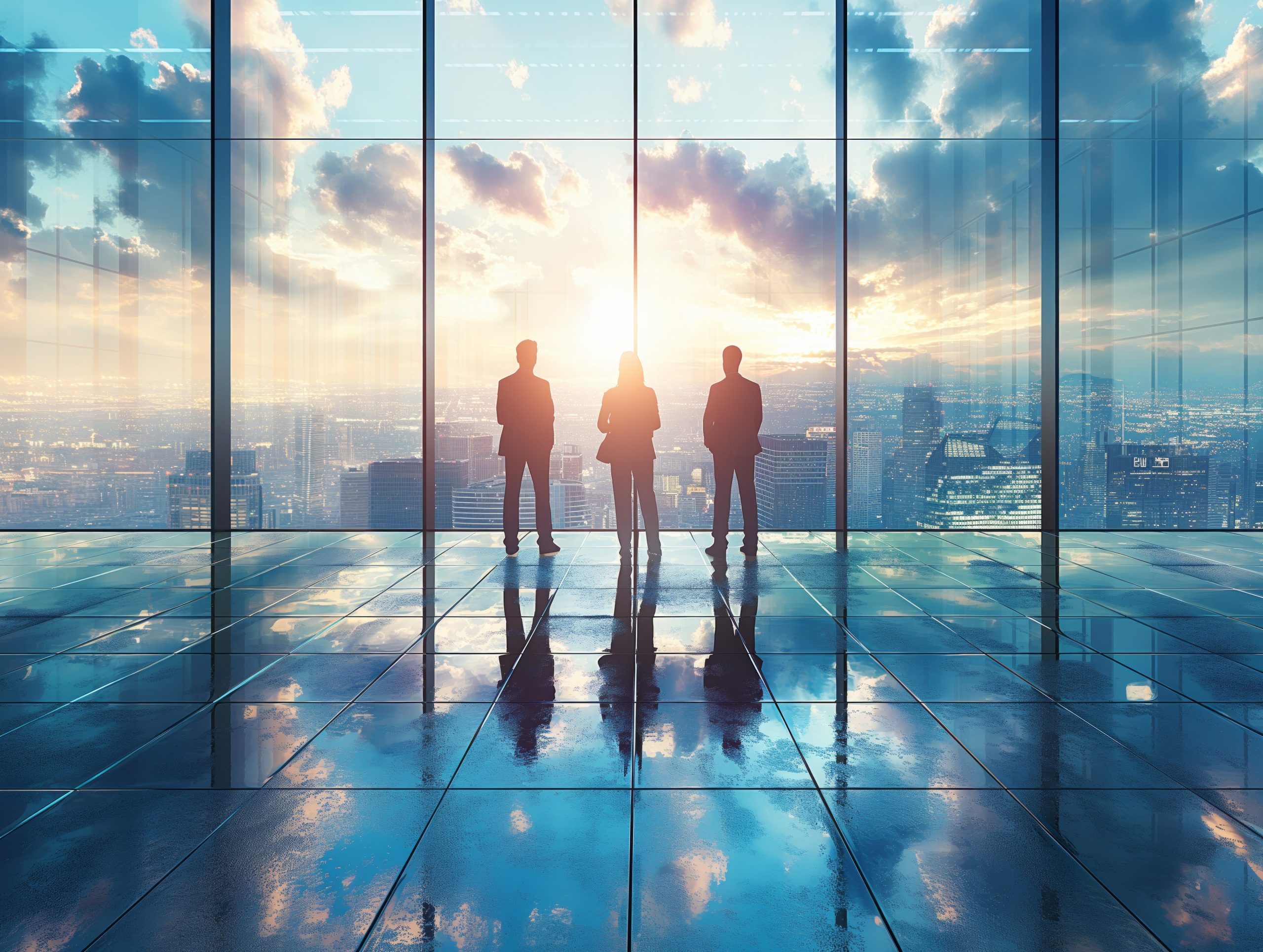 Three people entrepreneurs standing in a modern office setting