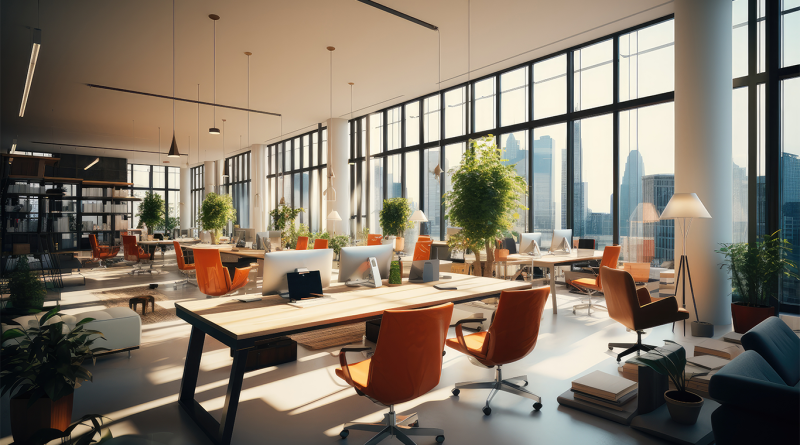 An open-plan co-working space with people working at shared desks, highlighting the potential distractions and lack of control over the work environment.