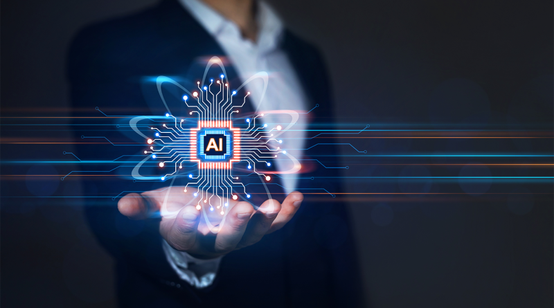 Man in suit holding his hand out with 'AI' written inside it to support AI in business article