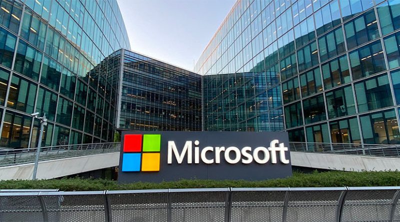 Microsoft headquarters with logo displayed outside to support AI article