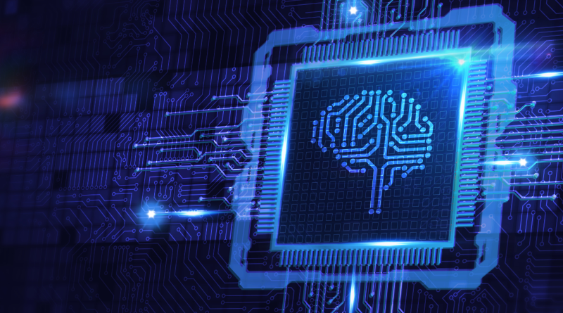 A futuristic microchip featuring a digital brain icon, representing AI technology's role in driving business growth and innovation in 2025.