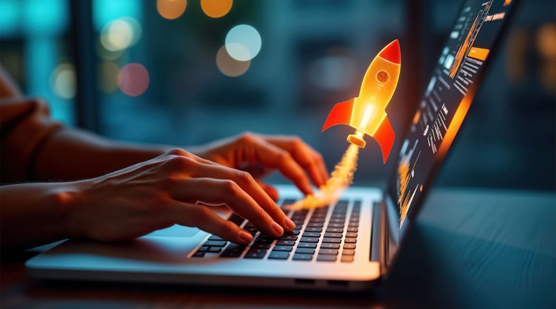 Person on laptop with rocket shooting out to support high school side hustle article
