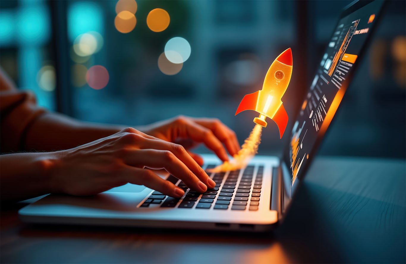 Person on laptop with rocket shooting out to support high school side hustle article