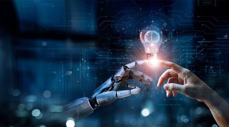 AI arm reaching out and touching human hand to support DeepMind article