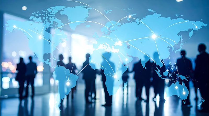 Modern Leadership graphic with silhouettes of people overlaying global map to support JPMorgan Chase CEO article