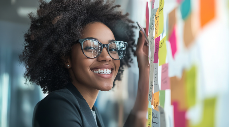 Business woman stood putting ideas into a mindmap to support mindset article