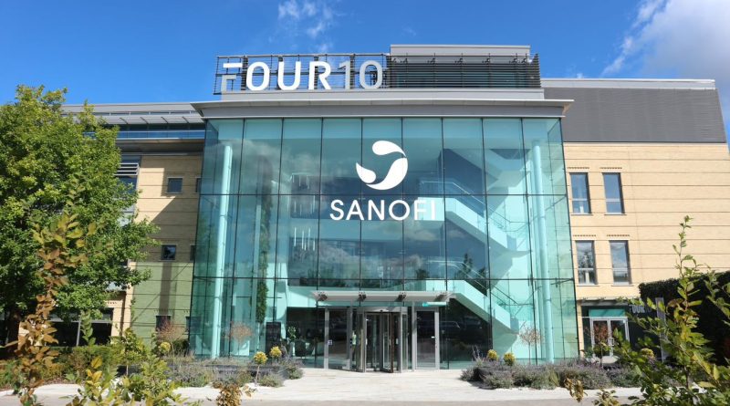 Sanofi corporate building with Blueprint Medicines logo overlay and DNA helix graphic symbolizing biotech investment