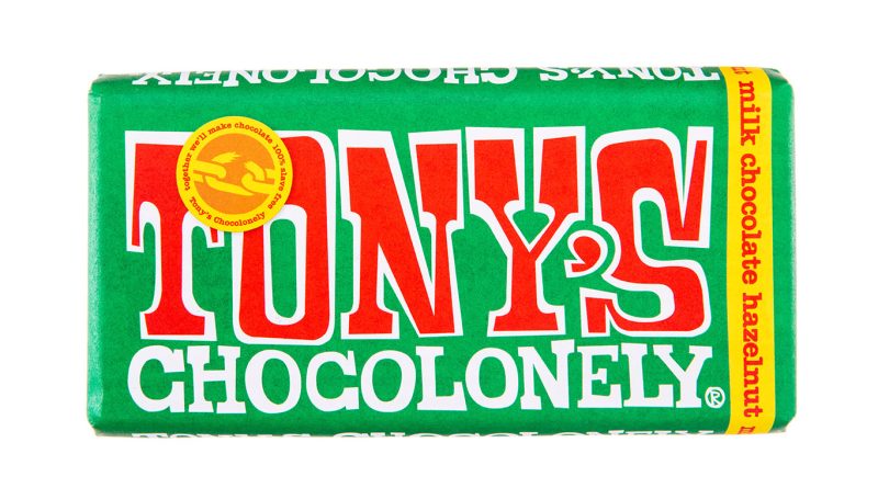 Tony's Chocolonely bar with green wrapper