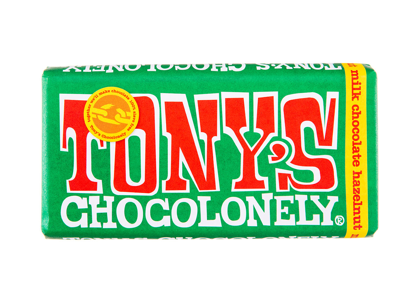 Tony's Chocolonely bar with green wrapper