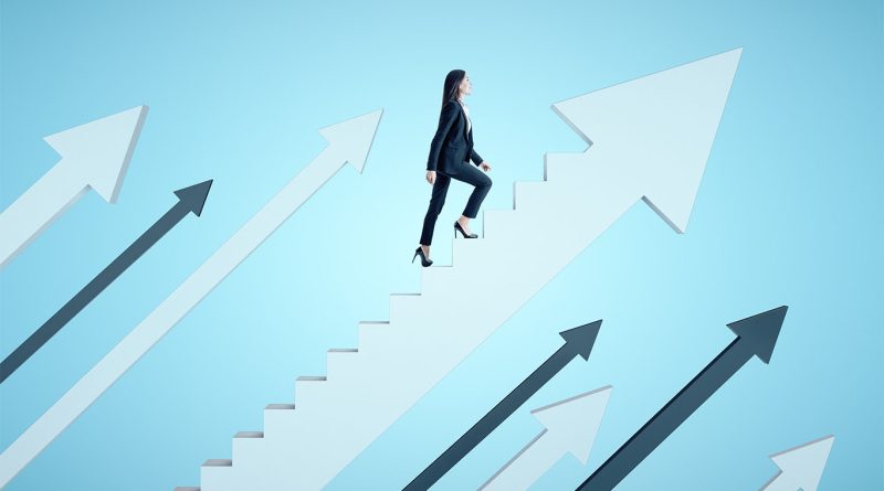 Business woman climbing up stairs made of upwards pointing arrows to support job-hopping article