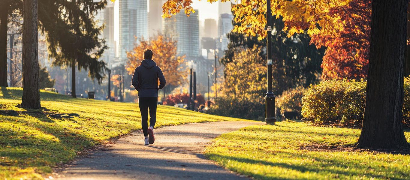 How Japan’s walking practice is outpacing 10K steps in health impact Person walking along a sunlit park path surrounded by autumn trees with a city skyline in the background