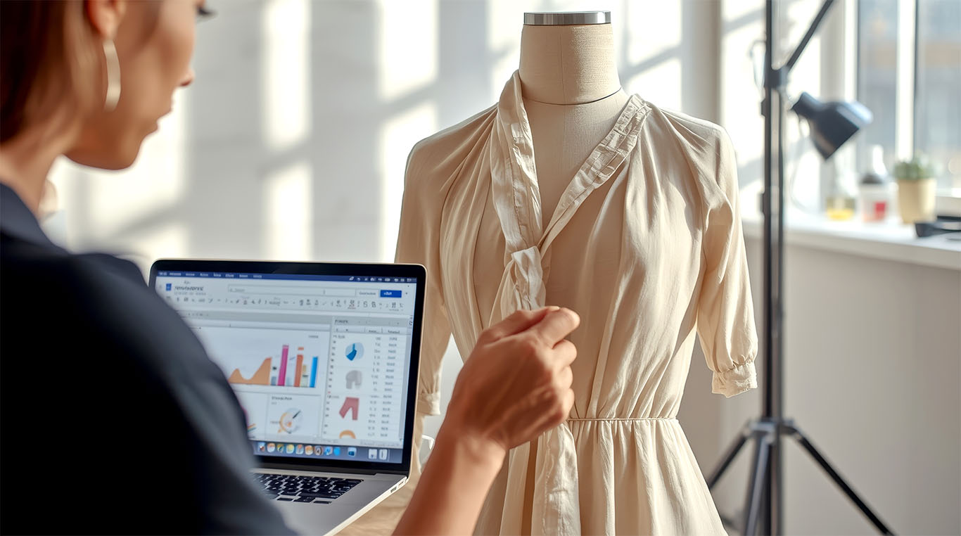 Women looking at dress with data being shown on laptop to support Apparel ERP Software article
