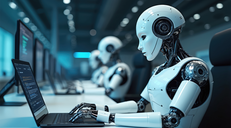 Humanoid robots sit at a row of computer workstations in a modern office, with one robot typing on a laptop in the foreground.