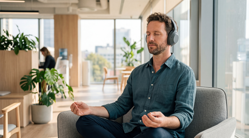 Man wearing headphones practicing meditation in a bright modern office as part of a corporate wellness programme.