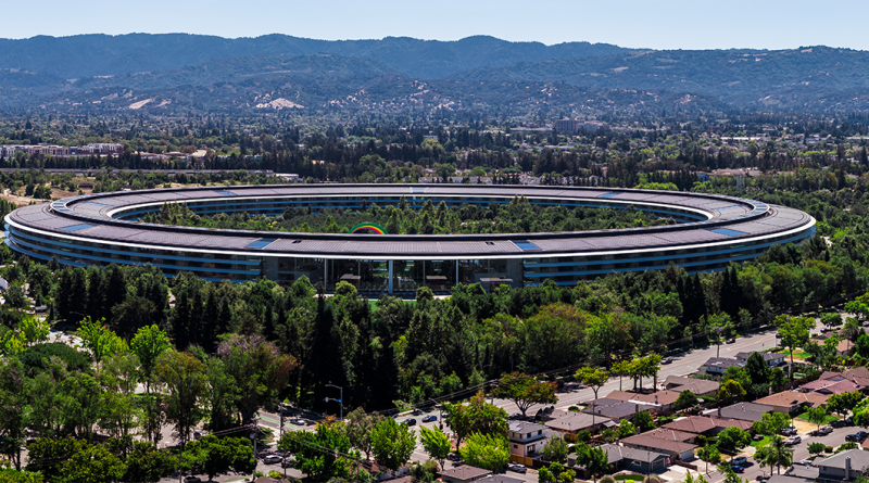 Aerial view of Apple Park's circular building in Cupertino