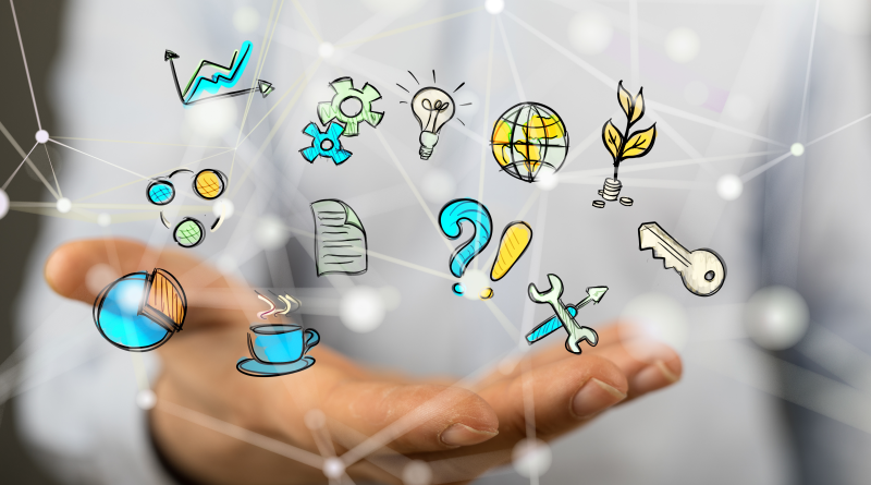 Hand holding illustrated business and technology icons representing growth, data, innovation, security and digital management.