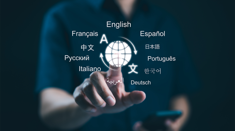Person interacting with a digital language interface displaying English, Spanish, French, Chinese, Japanese and other languages around a globe icon.
