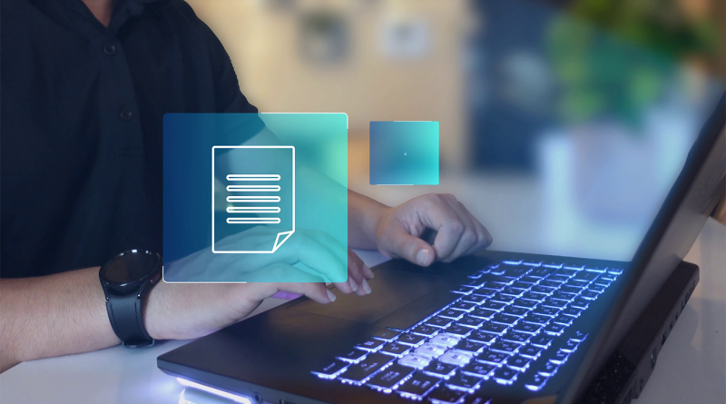 Person using a laptop with a digital document interface overlay, representing Microsoft Dynamics 365 and digital business management.