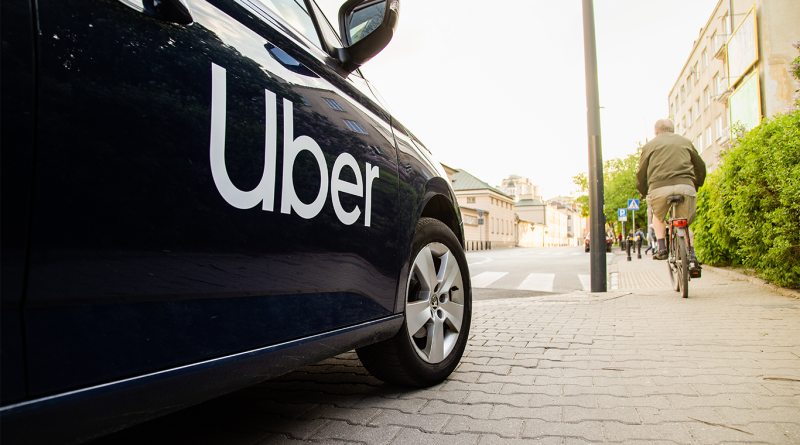 View on Uber car (Skoda) with inscription on the street before sunset