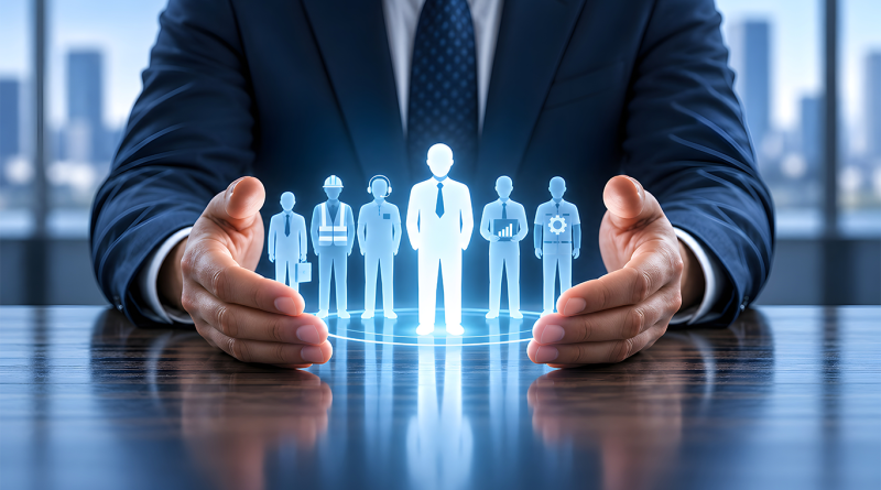 Business executive protecting a digital workforce, symbolising employee retention strategies, company benefits and talent management.